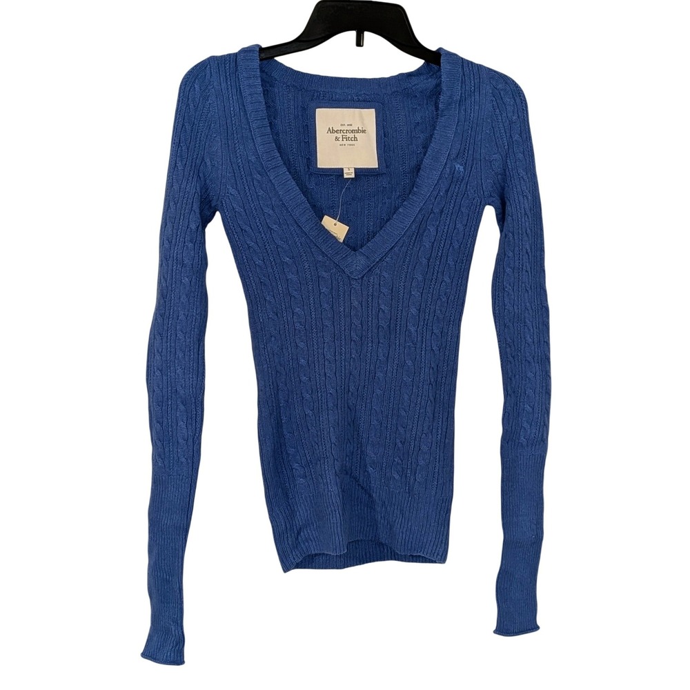 Abercrombie & Fitch Y2K Blue Cable Knit V-Neck Wool Blend Sweater Small NEW